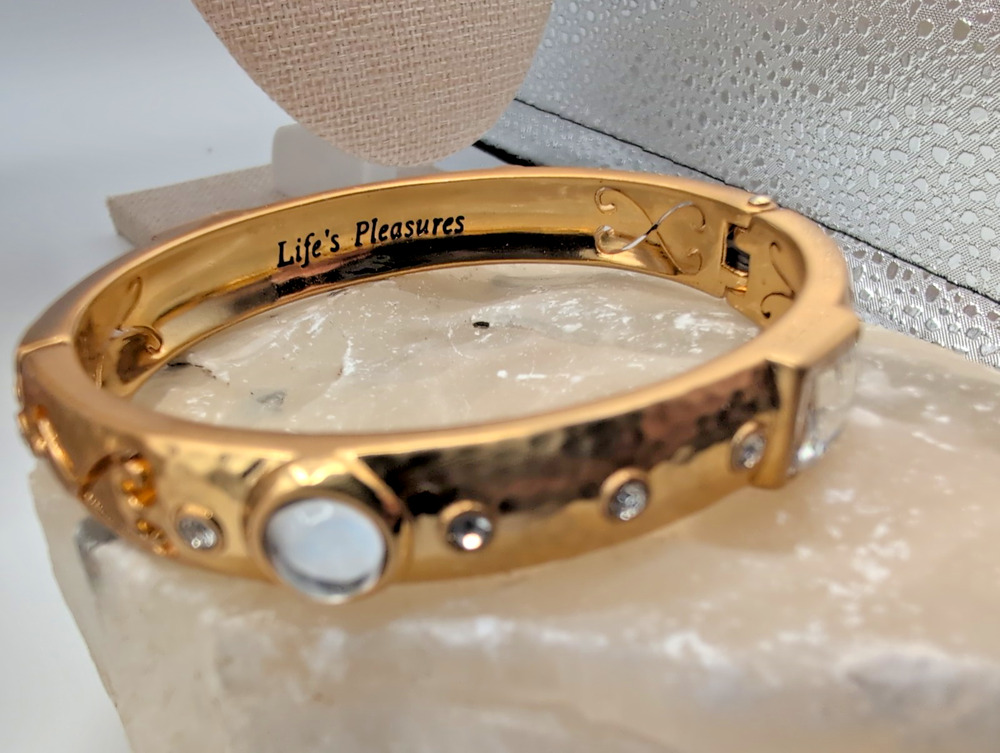 Brighton Life's Pleasures Gold Hammered Bangle Bracelet Crystal Magnetic Clasp